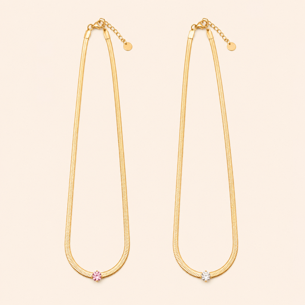 Collana Herringbone con Cristallo Solitario – Rosa / Bianco