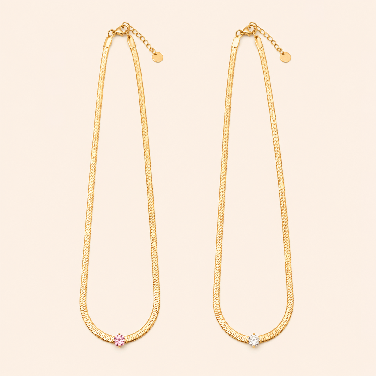 Collana Herringbone con Cristallo Solitario – Rosa / Bianco