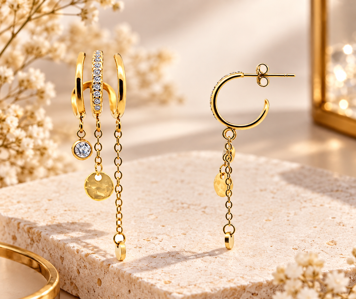 Orecchini Cerchio Dorati con Pendenti e Cristalli – Eleganti e Luminosi