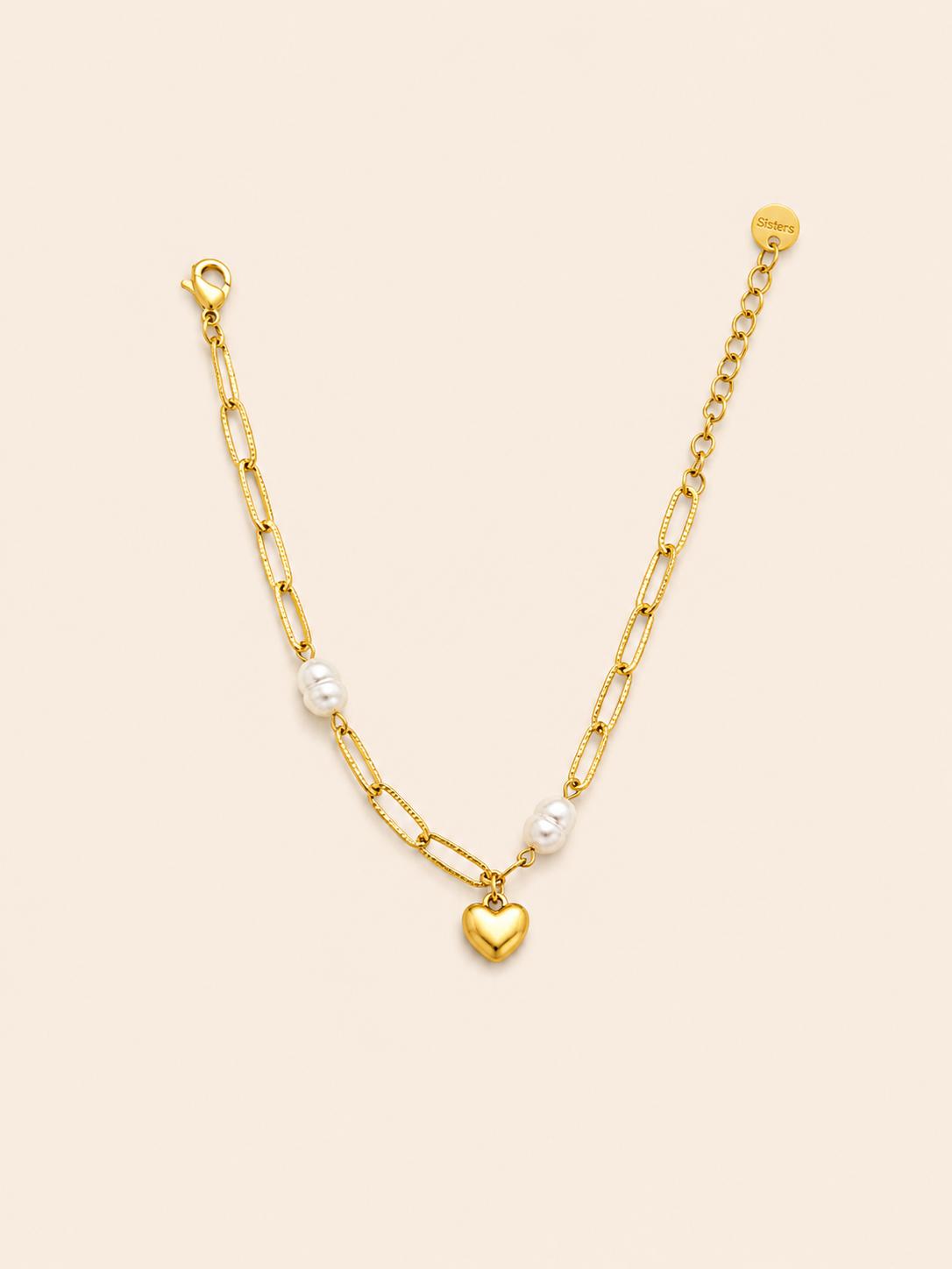 Bracciale Paperclip Dorato con Perle e Cuore