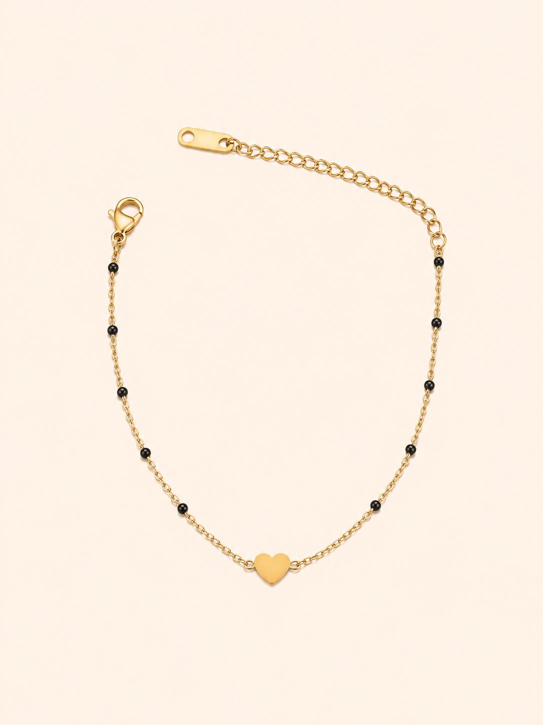 Bracciale Catena Dorata con Perline Nere e Cuore