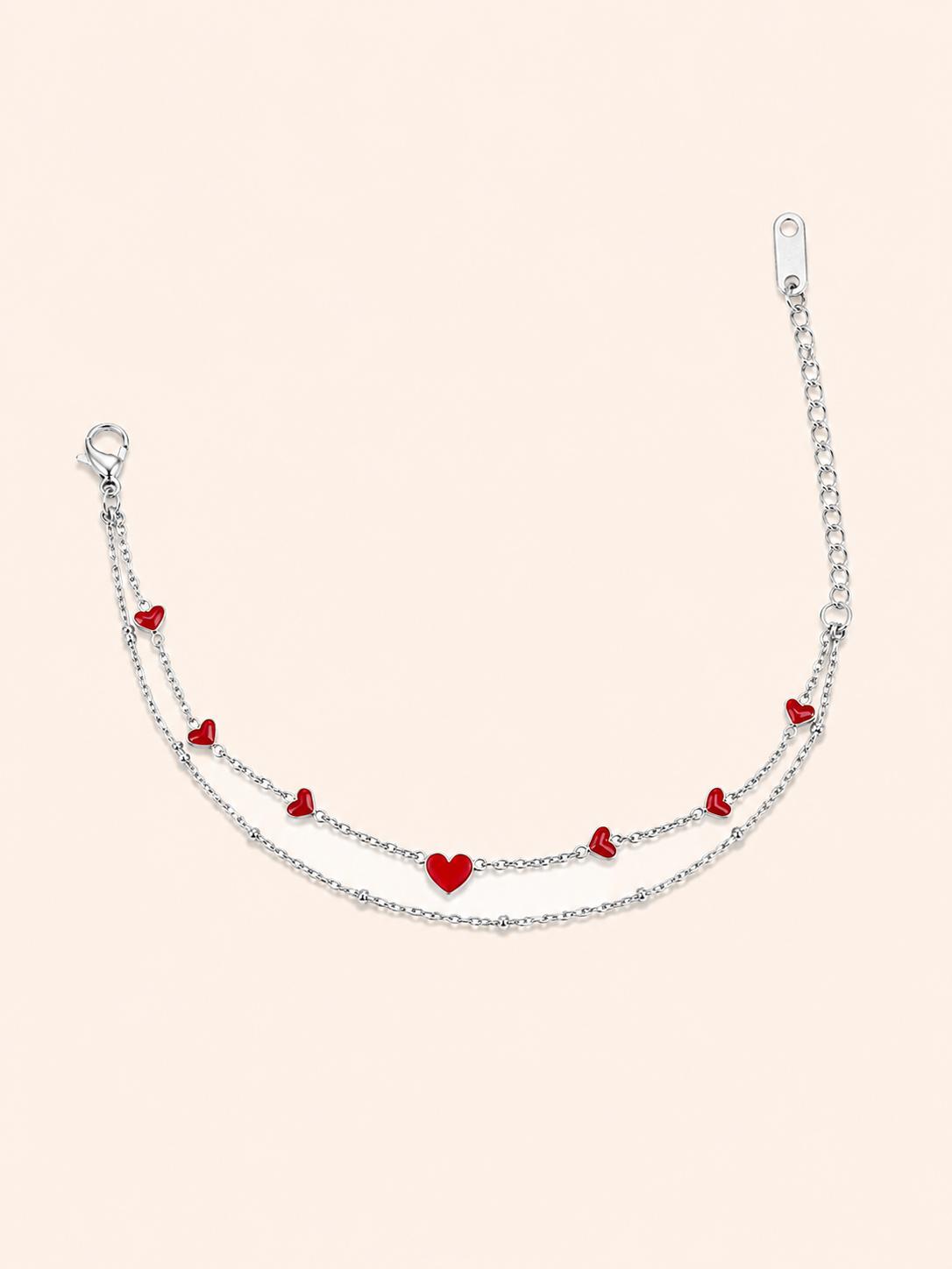 Bracciale Doppia Catena con Cuoricini Rossi – Argento / Oro