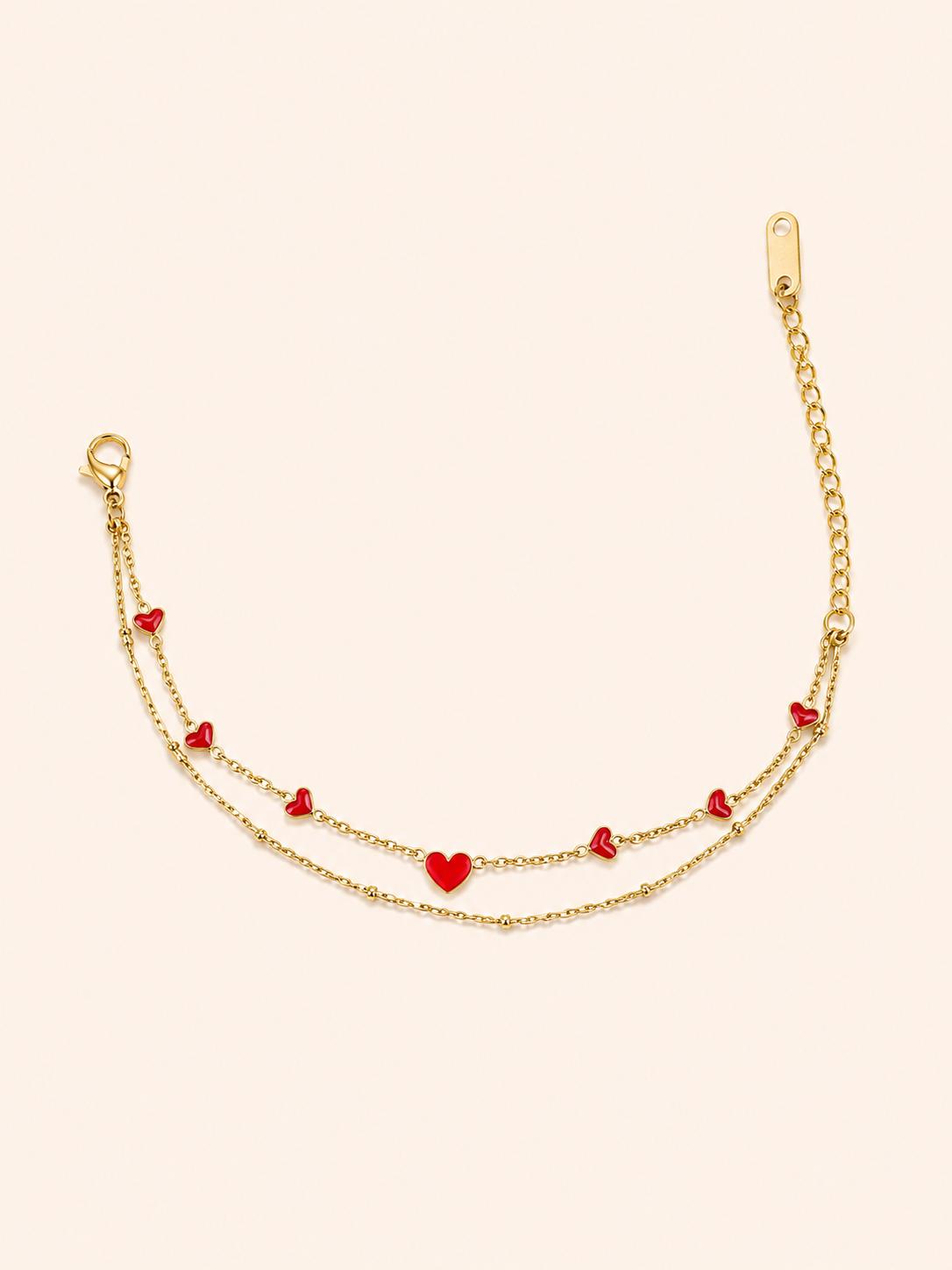 Bracciale Doppia Catena con Cuoricini Rossi – Argento / Oro
